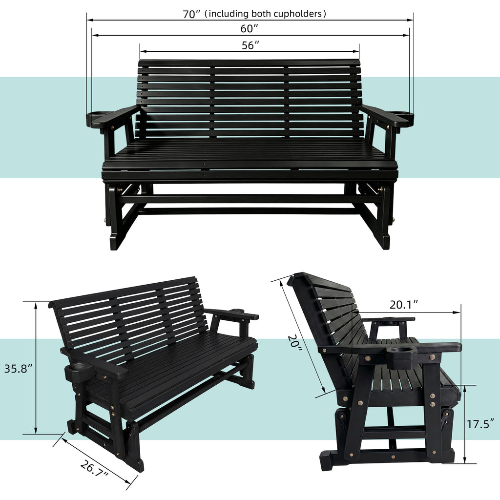 Patio Glider with Cup Holders, High Roll Back and Deep Contoured Seat, Heavy Duty 800 Lb (Black, 3-Seater)