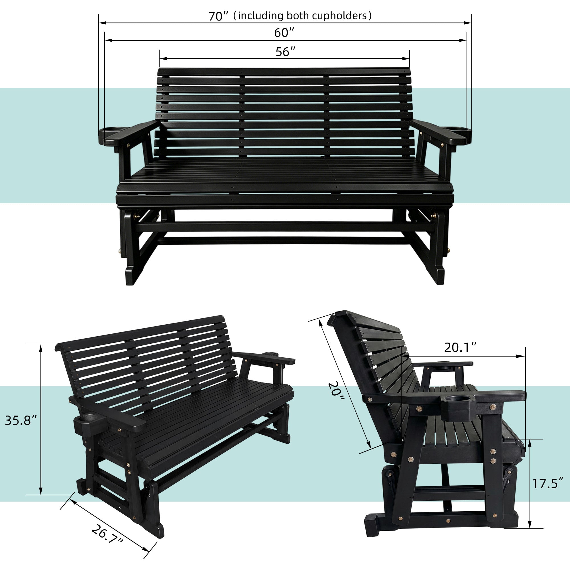 Patio Glider with Cup Holders, High Roll Back and Deep Contoured Seat, Heavy Duty 800 Lb (Black, 3-Seater)