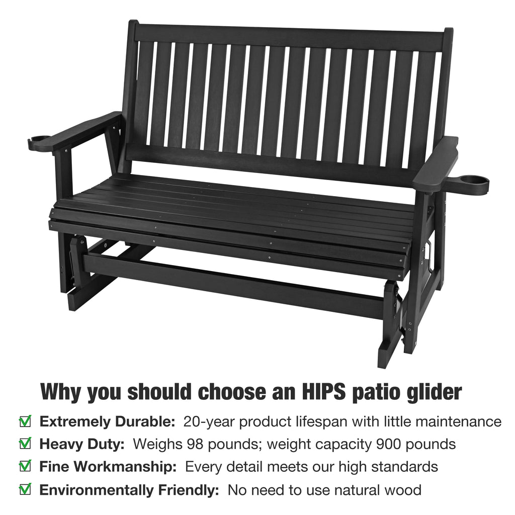 HIPS Patio Glider with Cup Holders, All-Weather Resistant, High Backrest and Deep Contoured Seat, Heavy Duty 900 LB (3 Seat - Carbon Black)