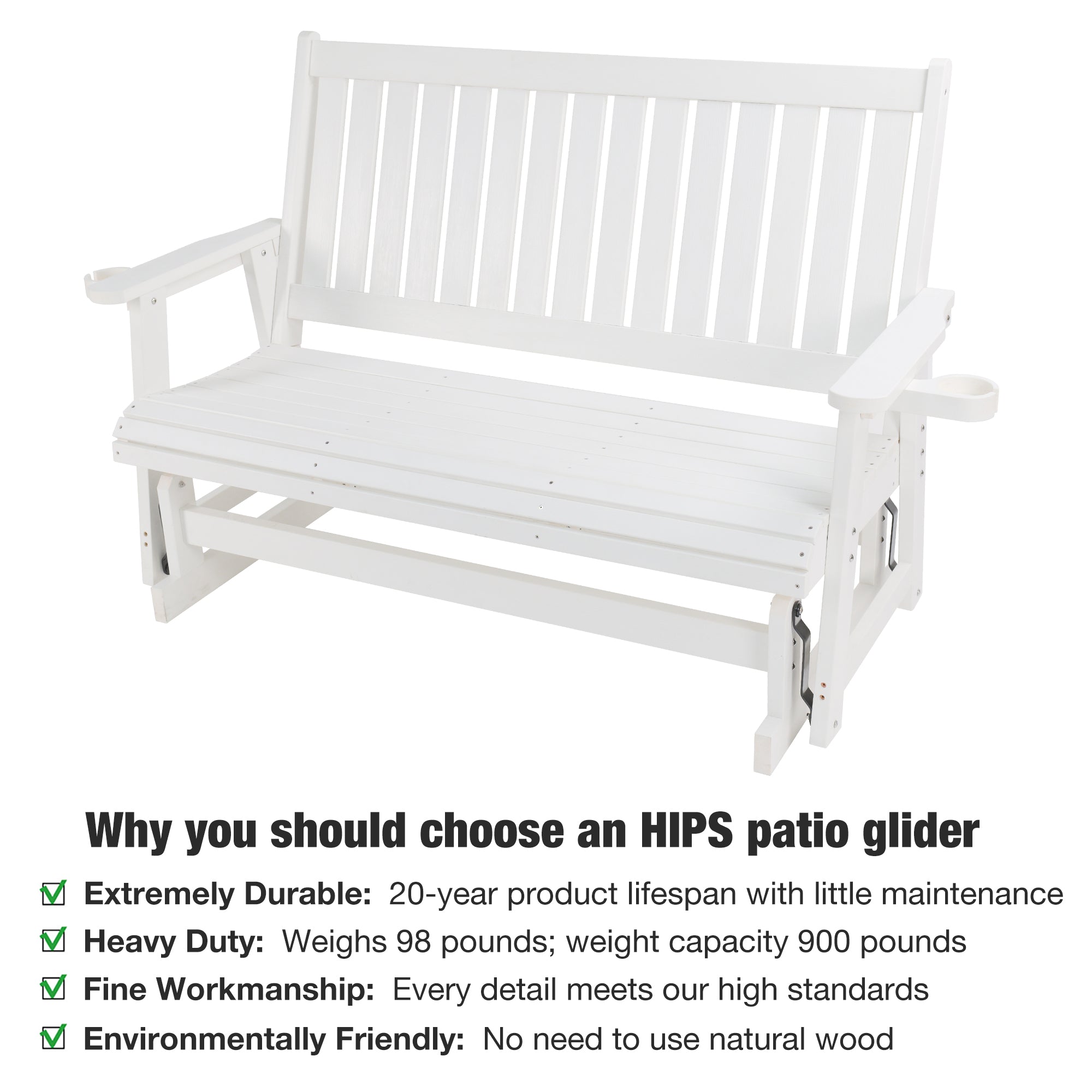 HIPS Patio Glider with Cup Holders, Durable Poly Lumber Material, All-Weather Resistant, High Backrest and Deep Contoured Seat, Heavy Duty 900 LB, for Outdoor, Porch, Patio (Ivory White, 3-Seat)