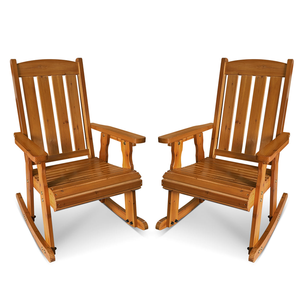 Wooden Patio Rocking Chair with Comfortable Backrest Inclination, High Backrest and Deep Contoured Seat, Solid Fir Wood, Heavy Duty 600 LBS (Natural, 2 Pieces)