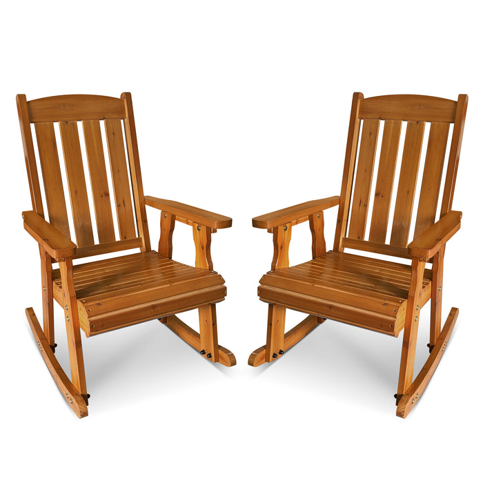 Wooden Patio Rocking Chair with Comfortable Backrest Inclination, High Backrest and Deep Contoured Seat, Solid Fir Wood, Heavy Duty 600 LBS, for Both Outdoor and Indoor (Brown - 3 Pieces)