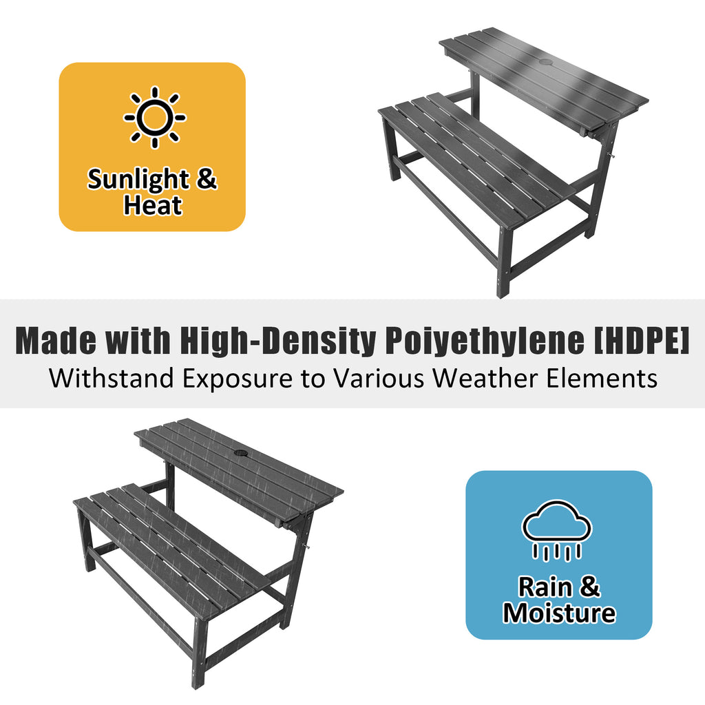 HDPE Convertible Bench Dinning Table with Umbrella Hole for Garden,Patio,Backyard