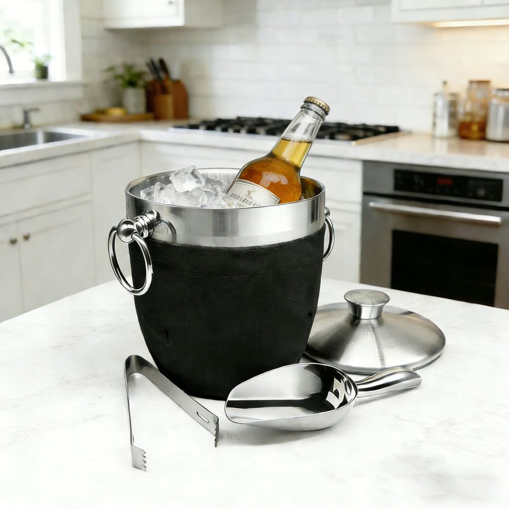 Fortune Candy Insulated Ice Bucket - Double Walled Stainless Steel Ice Bucket with Ice Tongs, Scoop, Lid, and Exclusive Handmade Nylon Holder - 2.8 L (Black)