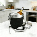 Fortune Candy Insulated Ice Bucket - Double Walled Stainless Steel Ice Bucket with Ice Tongs, Scoop, Lid, and Exclusive Handmade Nylon Holder - 2.8 L (Black)