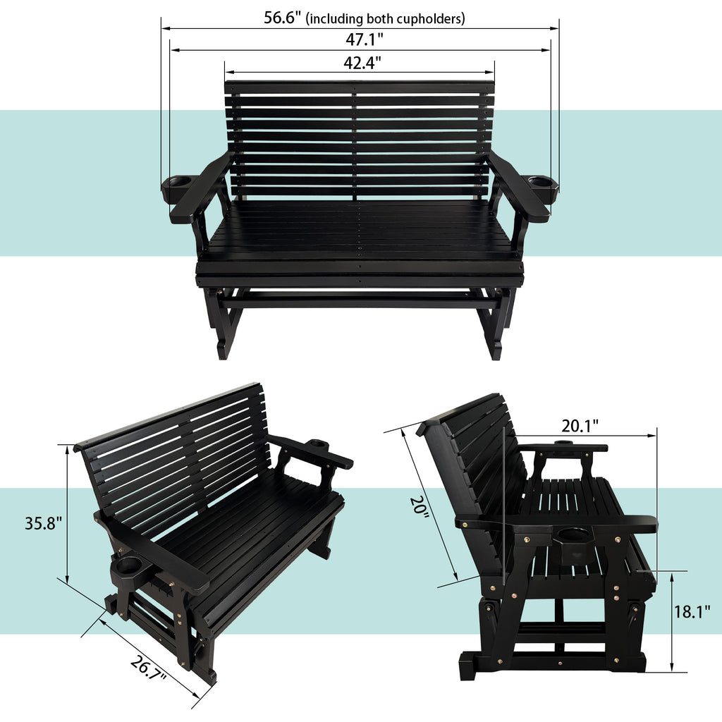 Fortune Candy Patio Glider with Cup Holders, High Roll Back and Deep Contoured Seat,Heavy Duty 800 Lb (Black, 4-feet)