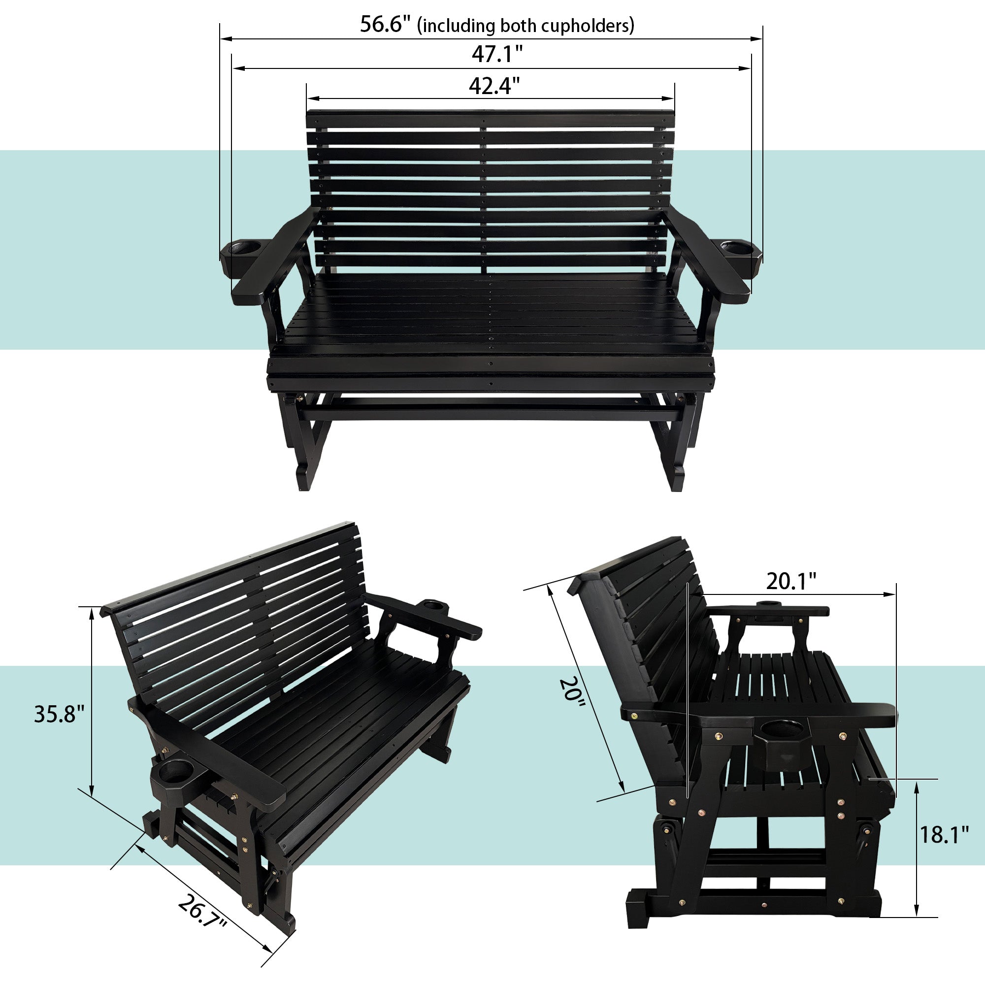 Fortune Candy Patio Glider with Cup Holders, High Roll Back and Deep Contoured Seat,Heavy Duty 800 Lb (Black, 4-feet)