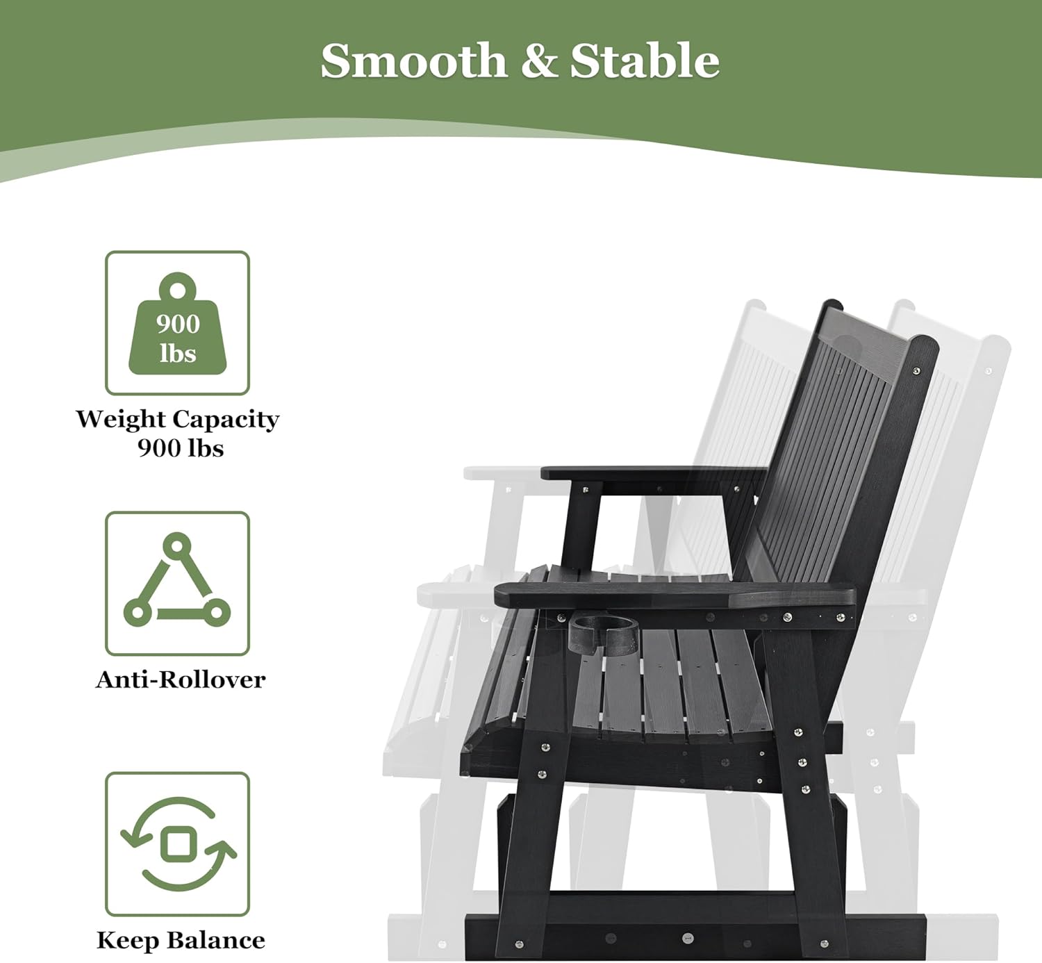 HIPS Patio Glider Two-Seat with Cup Holders, Durable HIPS Material, All-Weather Resistant, High Backrest and Deep Contoured Seat, Heavy Duty 900 LB, for Outdoor, Porch, Patio (Vanta Black)