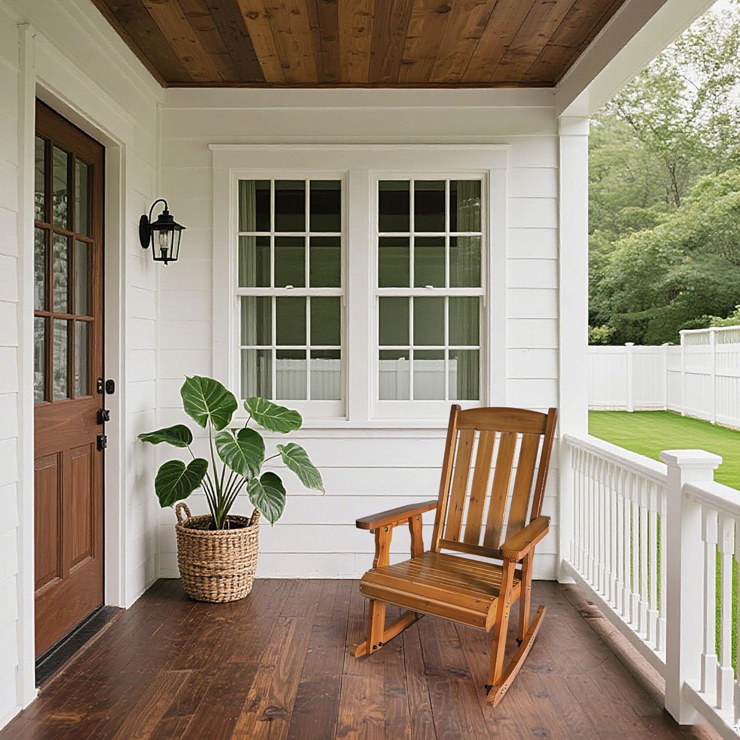 Wooden Patio Rocking Chair with Comfortable Backrest Inclination, High Backrest and Deep Contoured Seat, Solid Fir Wood, Heavy Duty 600 LBS, for Both Outdoor and Indoor (Natural)