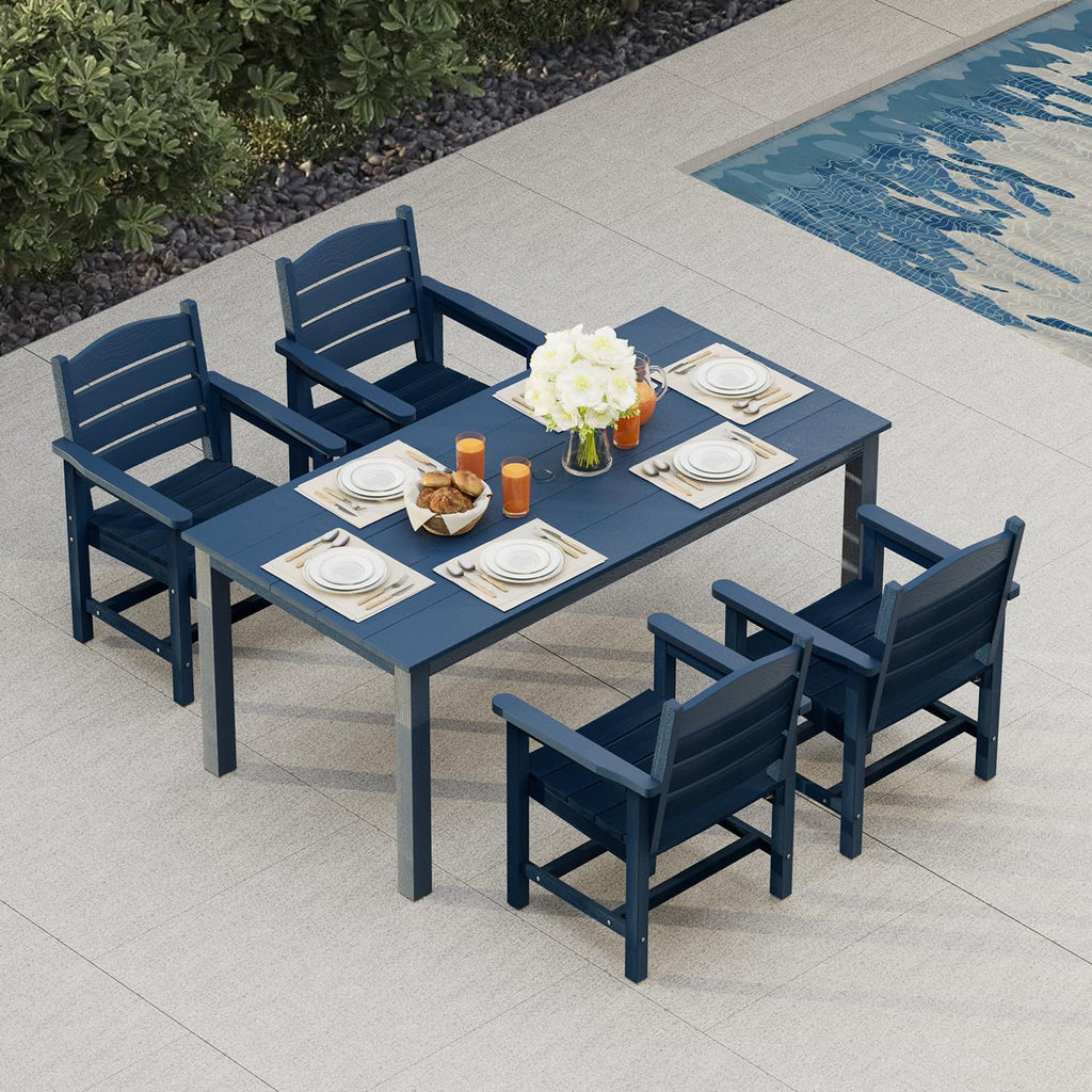Poly Lumber Patio Dining Set, HIPS Outdoor Dining Table and Chairs, with Umbrella Hole, Weather Resistant (5 Piece, Navy Blue)