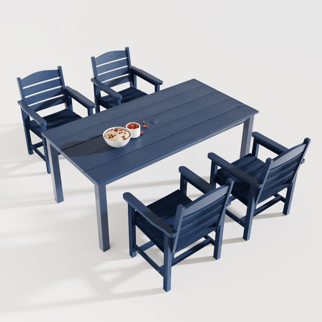 Poly Lumber Patio Dining Set, HIPS Outdoor Dining Table and Chairs, with Umbrella Hole, Weather Resistant (5 Piece, Navy Blue)