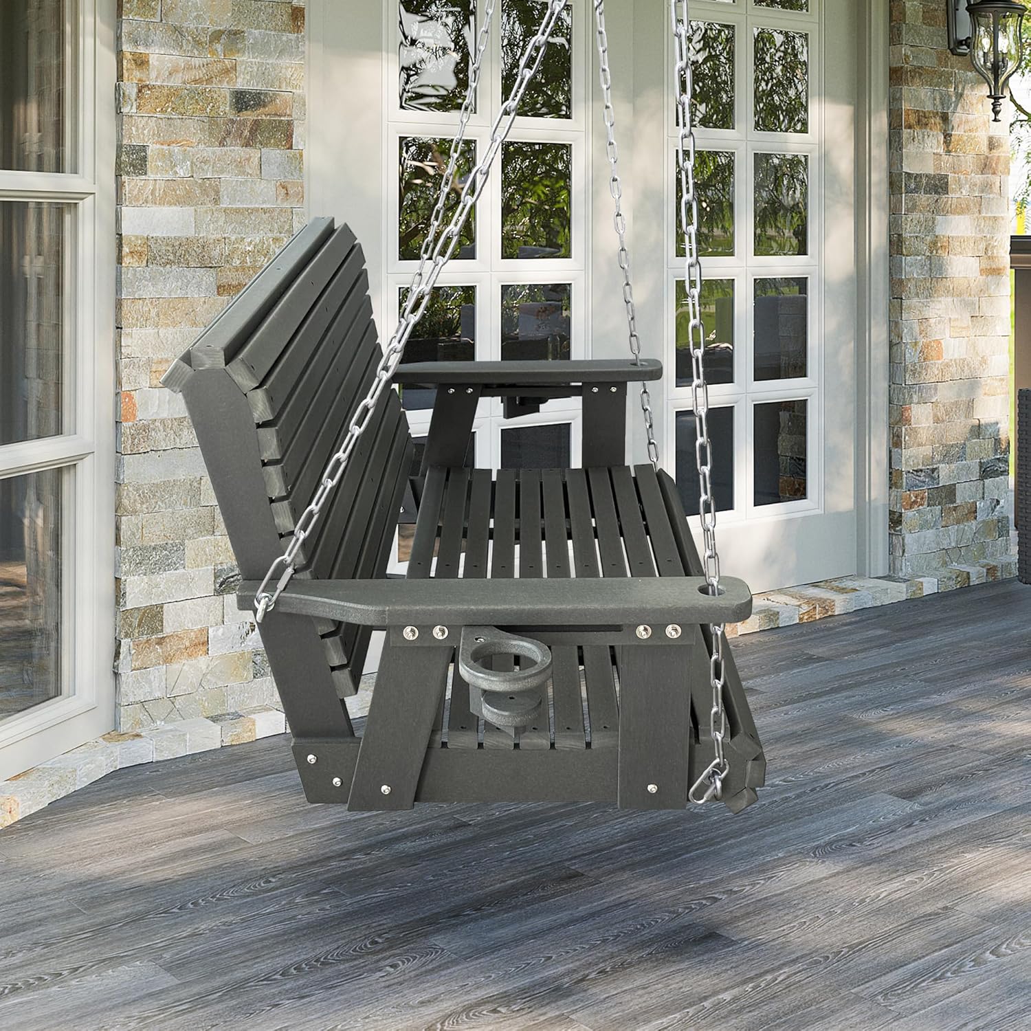 HDPE Porch Swing with 18/8 Stainless Steel Bolts, Ergonomic Design, Ultra Weather-Resistant, Heavy Duty 1200 LBS, for Outdoor Patio Garden Yard (Gray)