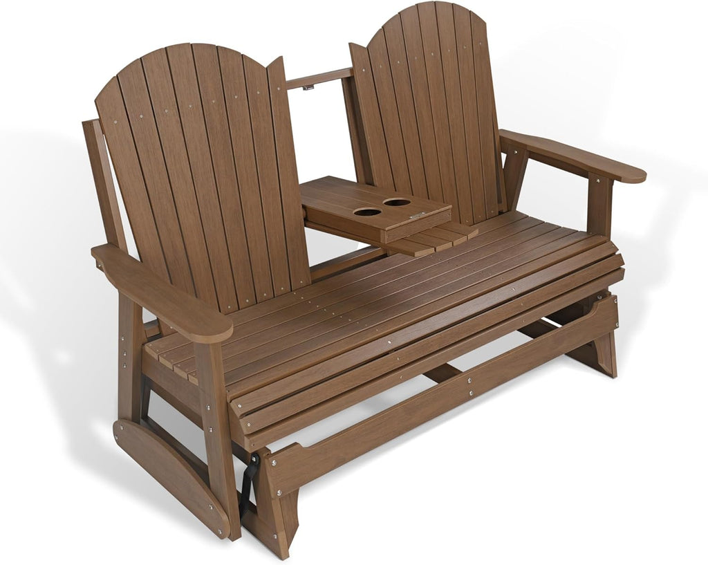 HIPS Patio Glider with Foldable Cup Holders, Durable Poly Lumber Material, All-Weather Resistant, High Backrest and Deep Contoured Seat, Heavy Duty 900 LB, for Outdoor, Porch, Patio (Brown, 3-Seat)