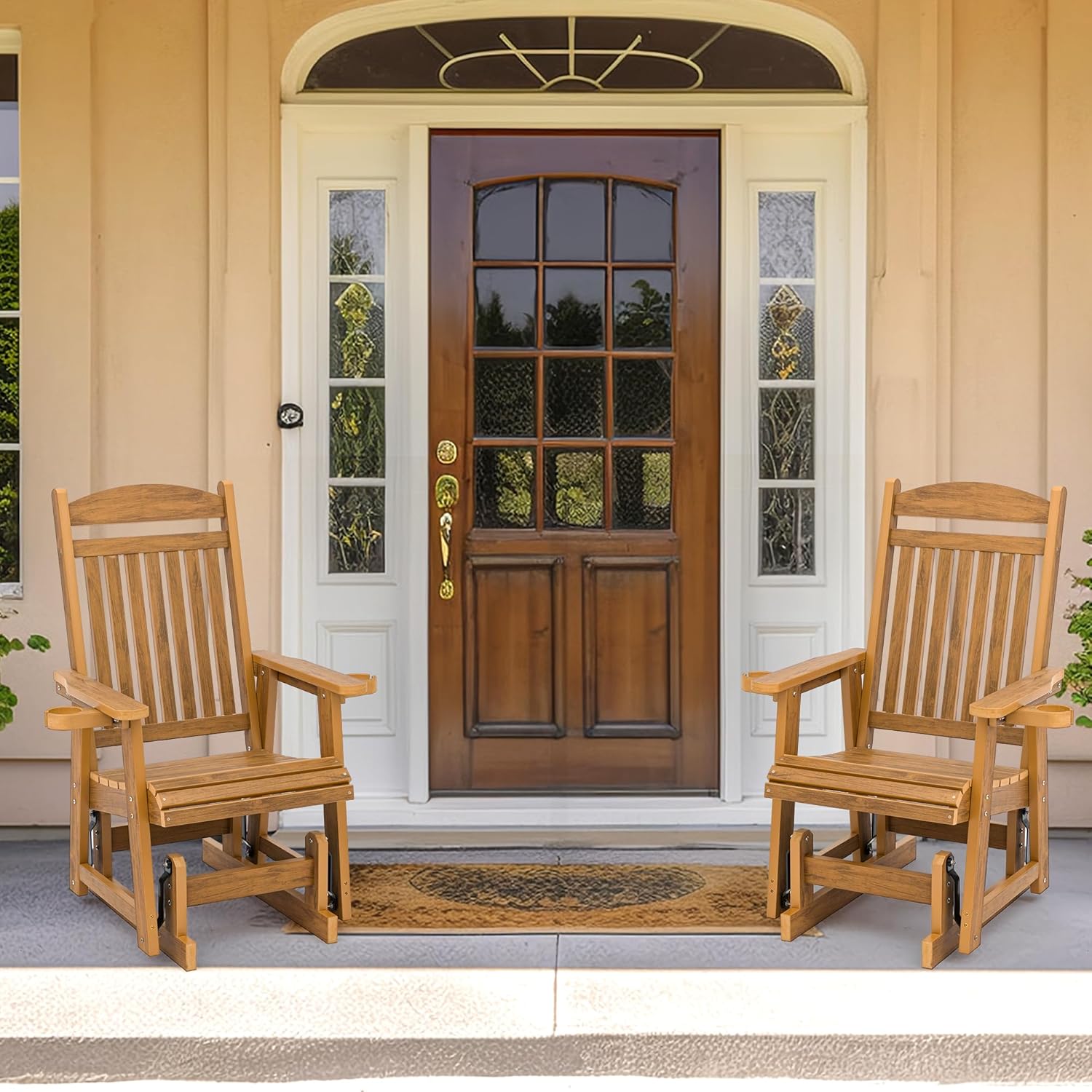 Poly Lumber Patio Glider for One Person, with Cup Holders, High Backrest and Deep Contoured Seat, HIPS Material, All-Weather Resistant, Heavy Duty 700 LBS (Light Brown)