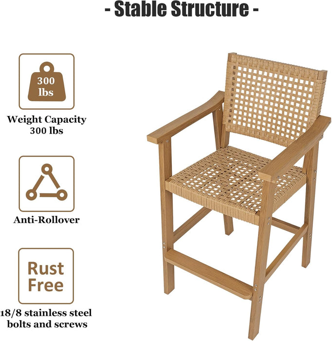 Poly Lumber Patio Bar Set, PE Rattan Outdoor Bar Stools with HIPS Table, Weather Resistant, for Poolside, Garden, Yard, Balcony (Teak Tone, 3 Piece)