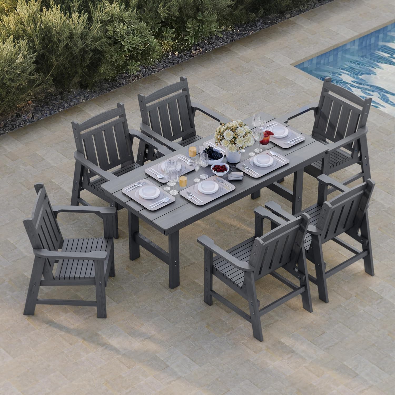 Modern HDPE Patio Dining Set, Poly Lumber Table and Chair, with
