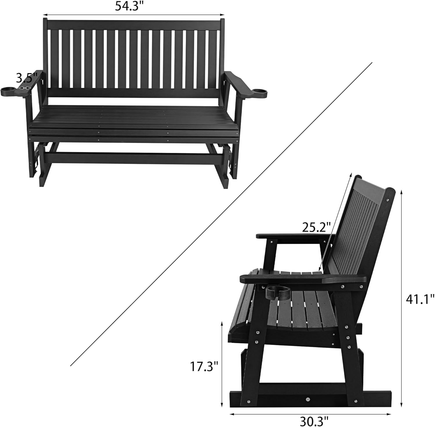 HIPS Patio Glider Two-Seat with Cup Holders, Durable HIPS Material, All-Weather Resistant, High Backrest and Deep Contoured Seat, Heavy Duty 900 LB, for Outdoor, Porch, Patio (Vanta Black)