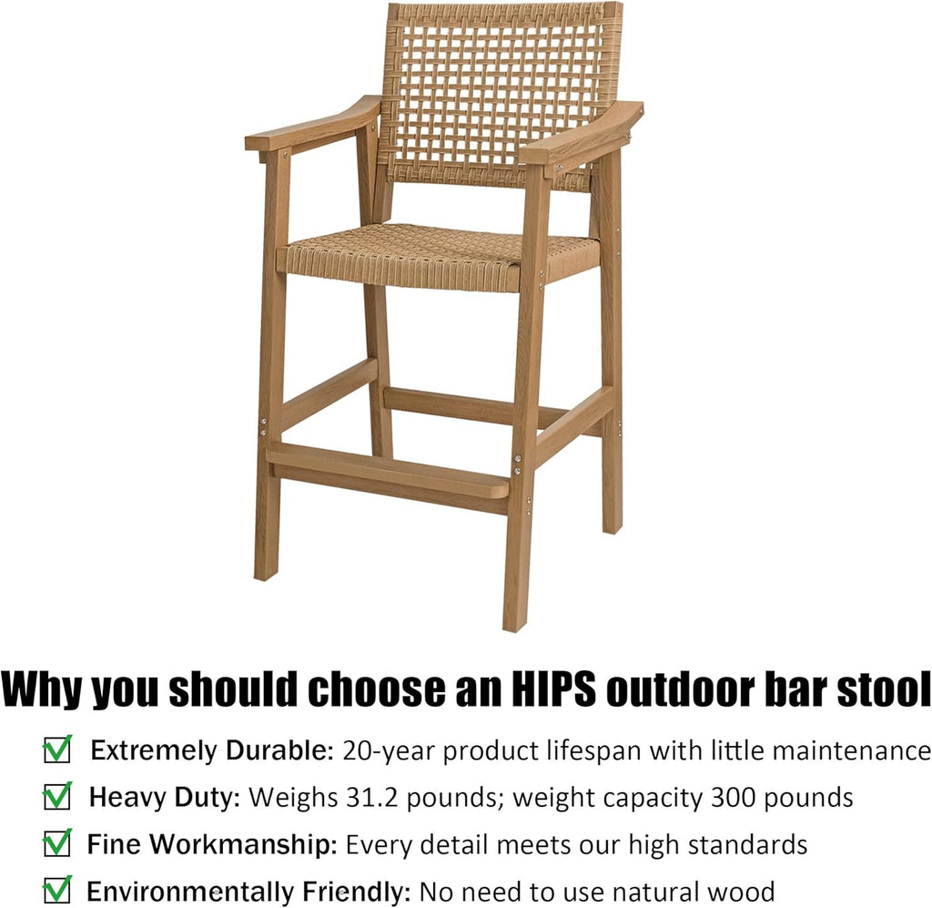 Poly Lumber Patio Bar Set, PE Rattan Outdoor Bar Stools with HIPS Table, Weather Resistant, for Poolside, Garden, Yard, Balcony (Teak Tone, 3 Piece)