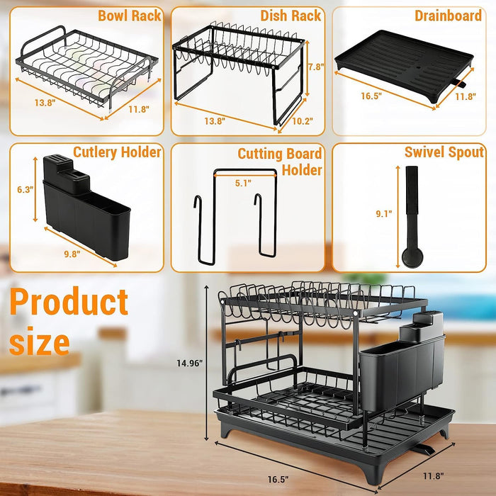 11.41'' Tall 2 Tier Dish Drying Rack, Large apacity, Black