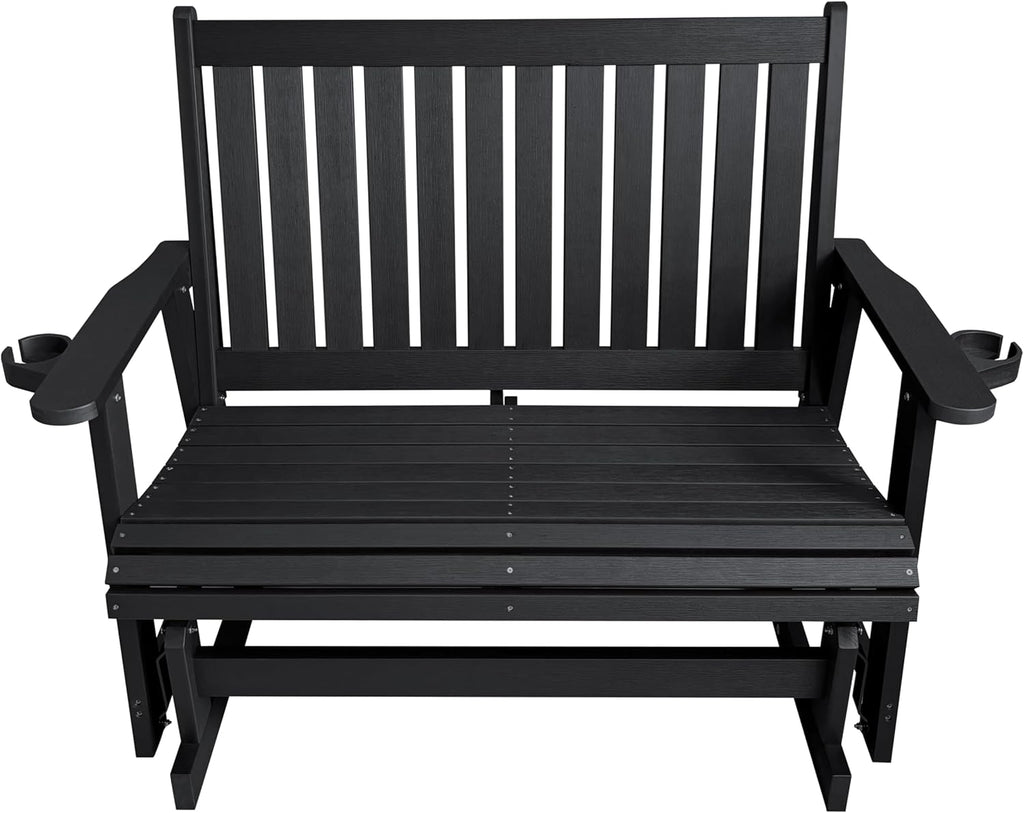 HIPS Patio Glider Two-Seat with Cup Holders, Durable HIPS Material, All-Weather Resistant, High Backrest and Deep Contoured Seat, Heavy Duty 900 LB, for Outdoor, Porch, Patio (Vanta Black)