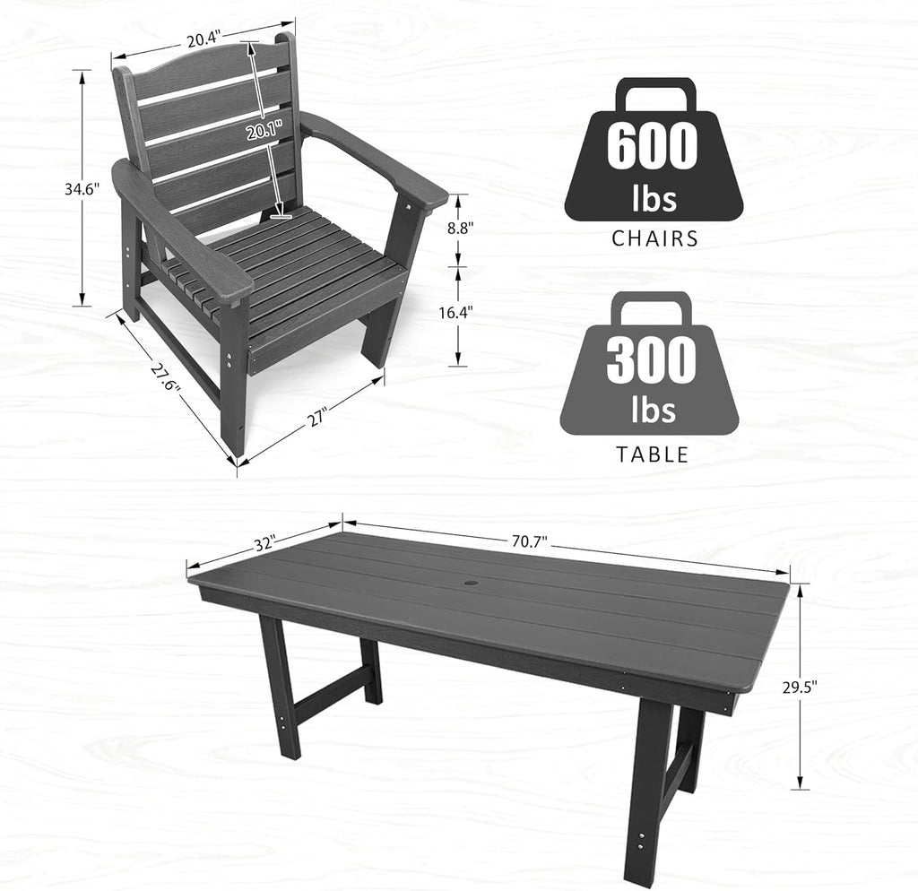 Modern HDPE Patio Dining Set, Poly Lumber Table and Chair, with Umbrella Hole, Weather Resistant, for Outdoor, Garden, Yard, Lawn
