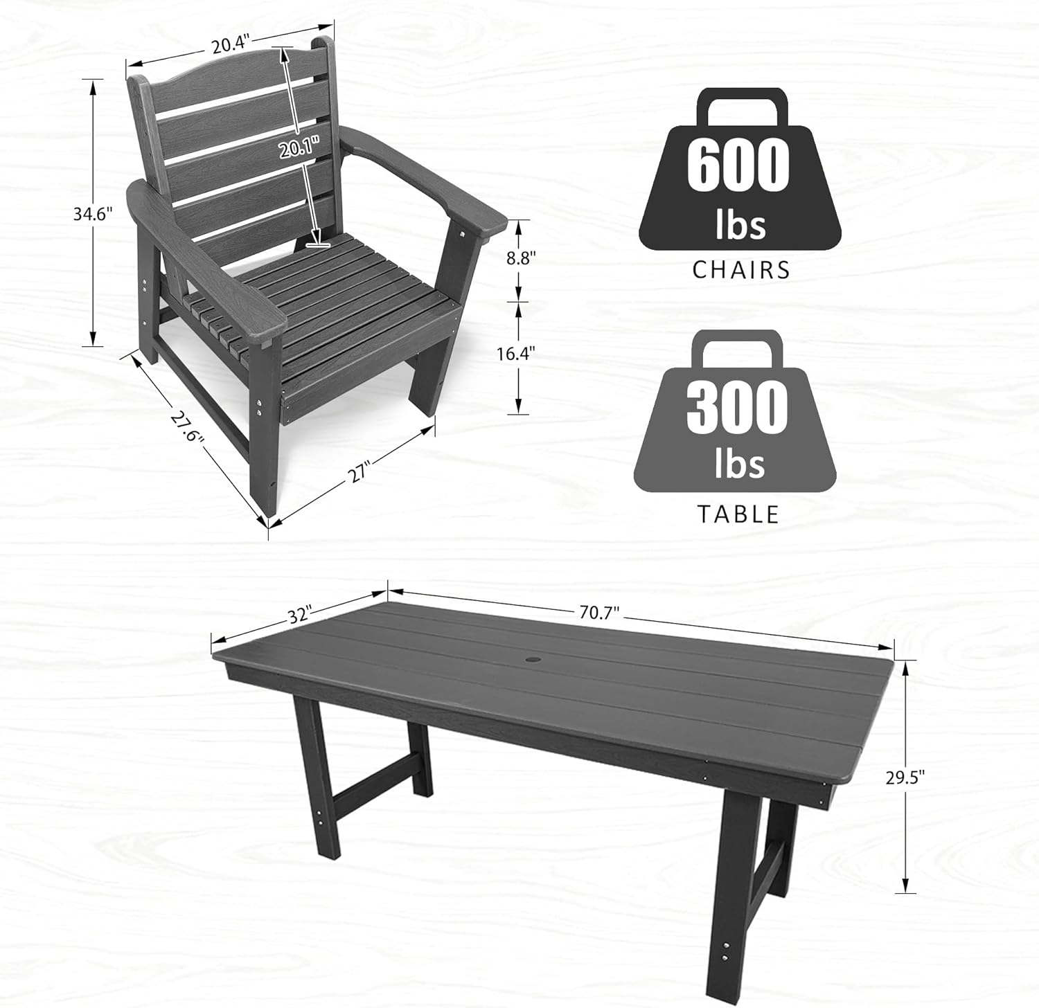 Modern HDPE Patio Dining Set, Poly Lumber Table and Chair, with Umbrella Hole, Weather Resistant, for Outdoor, Garden, Yard, Lawn