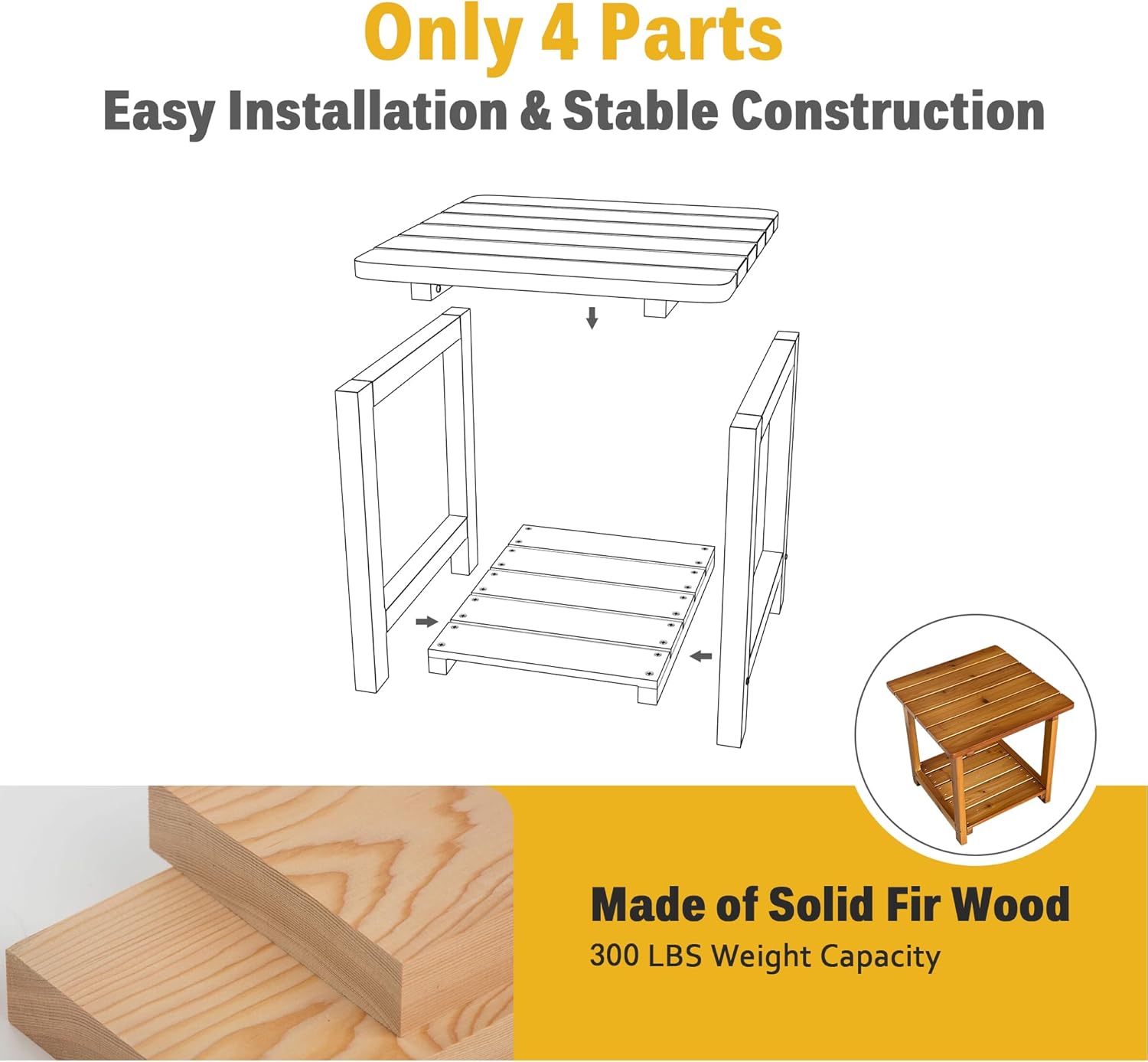 Outdoor Side Table, Solid Fir Wood, 17.7", 2-Tier End Table, Weather Resistant, for Patio, Pool, Porch (Teak Tone)