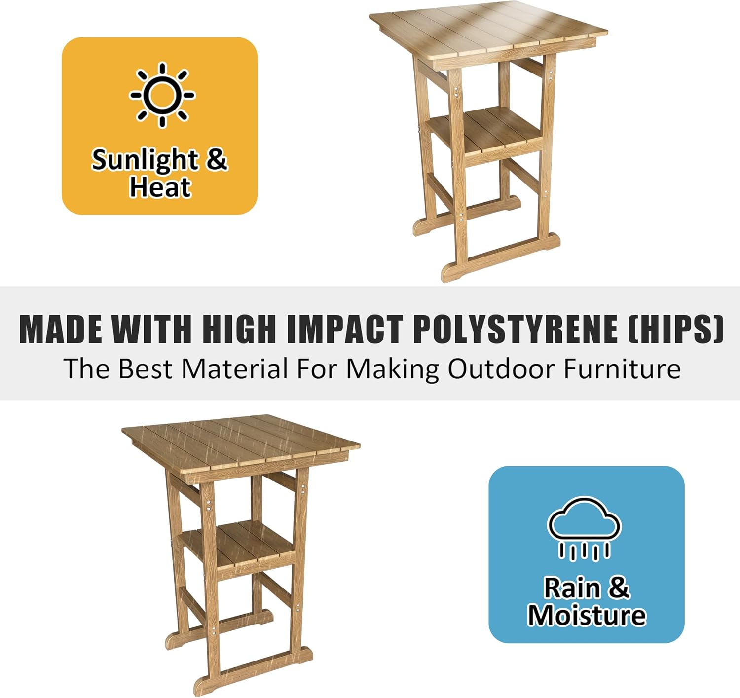 Poly Lumber Patio Bar Set, PE Rattan Outdoor Bar Stools with HIPS Table, Weather Resistant, for Poolside, Garden, Yard, Balcony (Teak Tone, 3 Piece)