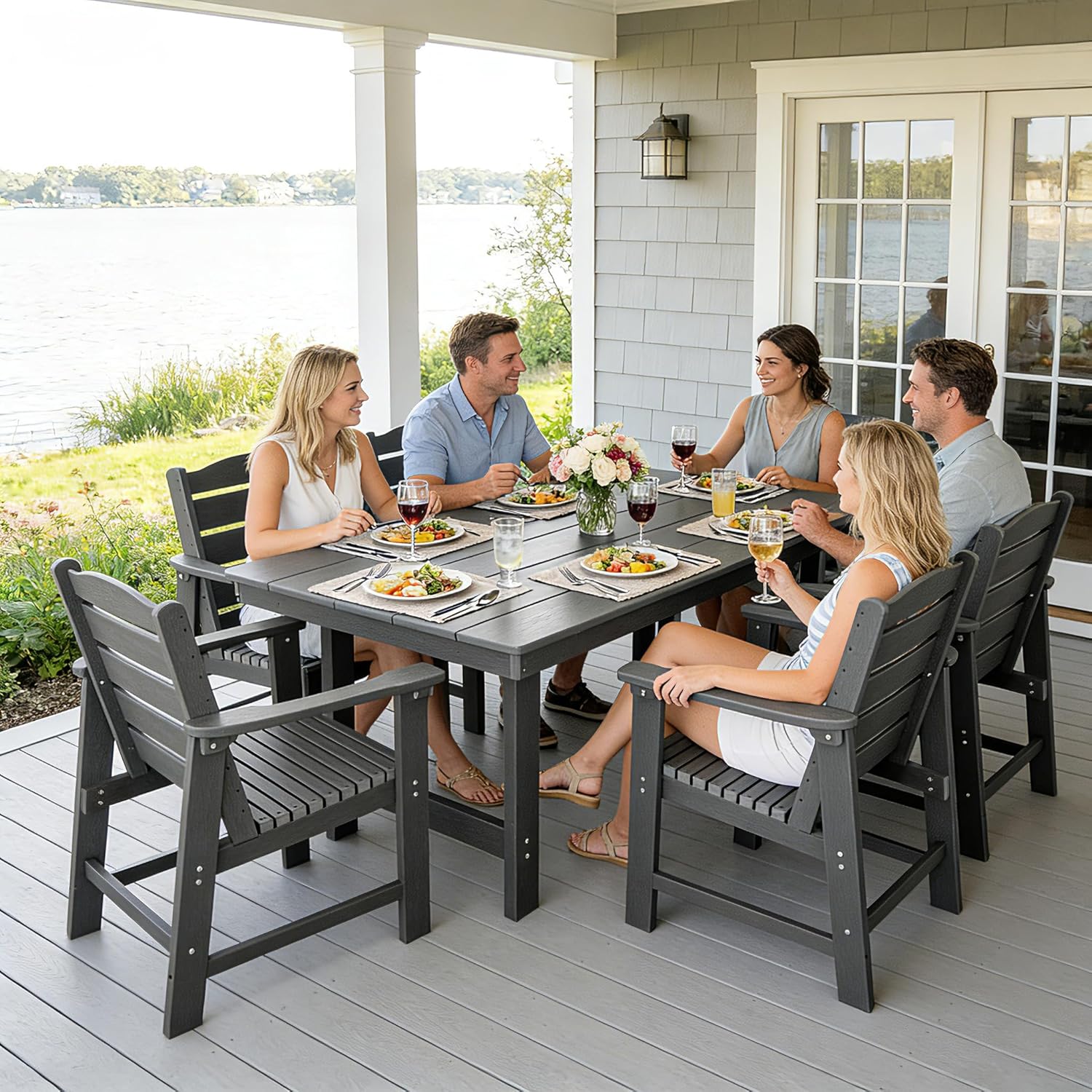 Modern HDPE Patio Dining Set, Poly Lumber Table and Chair, with Umbrella Hole, Weather Resistant, for Outdoor, Garden, Yard, Lawn