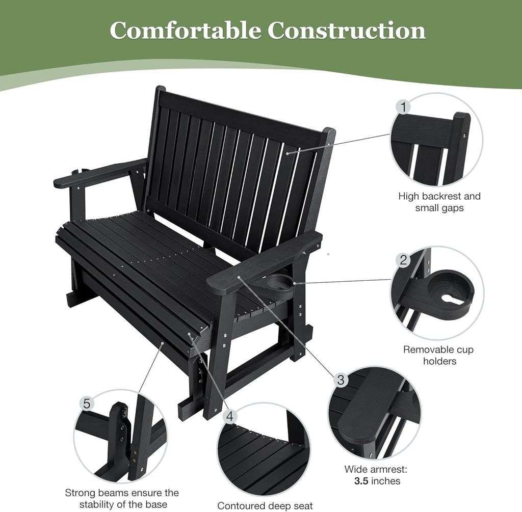 HIPS Patio Glider Two-Seat with Cup Holders, Durable HIPS Material, All-Weather Resistant, High Backrest and Deep Contoured Seat, Heavy Duty 900 LB, for Outdoor, Porch, Patio (Vanta Black)