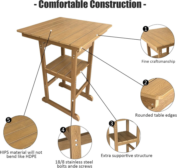 Poly Lumber Patio Bar Set, PE Rattan Outdoor Bar Stools with HIPS Table, Weather Resistant, for Poolside, Garden, Yard, Balcony (Teak Tone, 3 Piece)