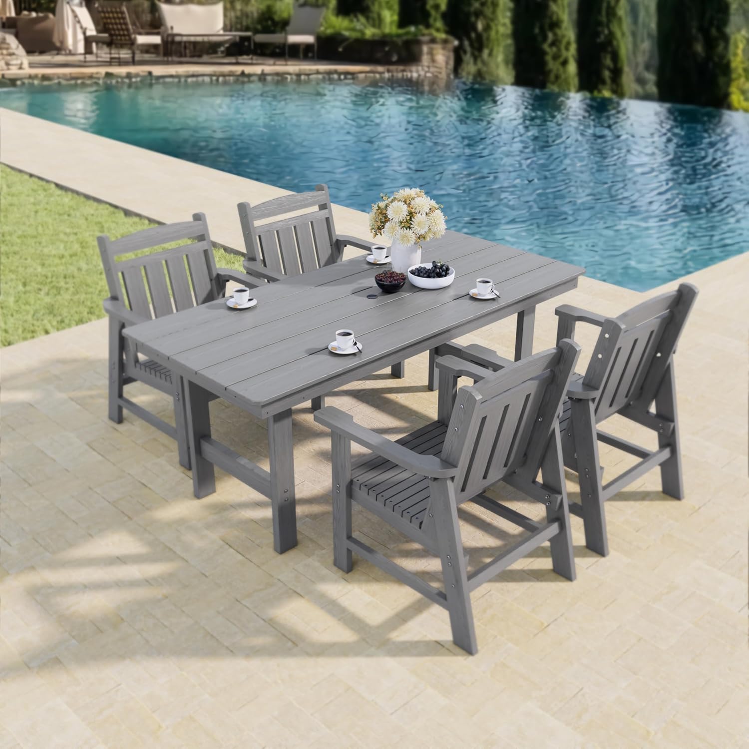 Modern HDPE Patio Dining Set, Poly Lumber Table and Chair, with Umbrella Hole, Weather Resistant, for Outdoor, Yard, Lawn (5 Piece - 35.7'' Table)