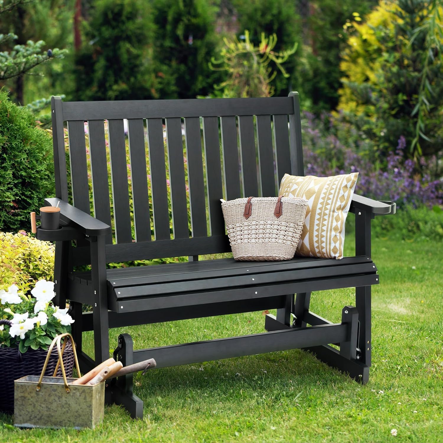 HIPS Patio Glider Two-Seat with Cup Holders, Durable HIPS Material, All-Weather Resistant, High Backrest and Deep Contoured Seat, Heavy Duty 900 LB, for Outdoor, Porch, Patio (Vanta Black)