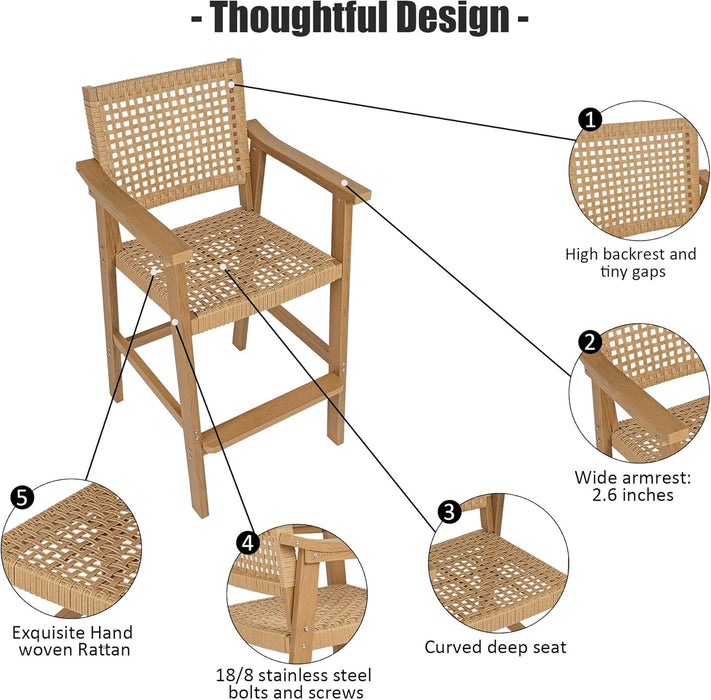 Poly Lumber Patio Bar Set, PE Rattan Outdoor Bar Stools with HIPS Table, Weather Resistant, for Poolside, Garden, Yard, Balcony (Teak Tone, 3 Piece)