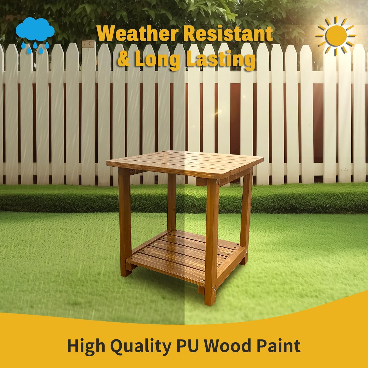 Outdoor Side Table, Solid Fir Wood, 17.7", 2-Tier End Table, Weather Resistant, for Patio, Pool, Porch (Teak Tone)