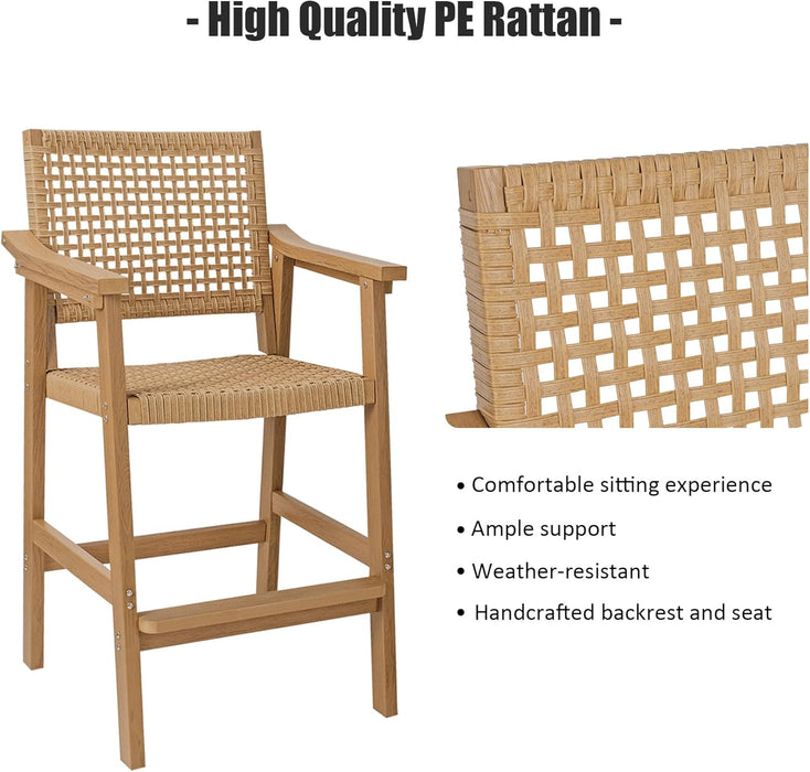Poly Lumber Patio Bar Set, PE Rattan Outdoor Bar Stools with HIPS Table, Weather Resistant, for Poolside, Garden, Yard, Balcony (Teak Tone, 3 Piece)