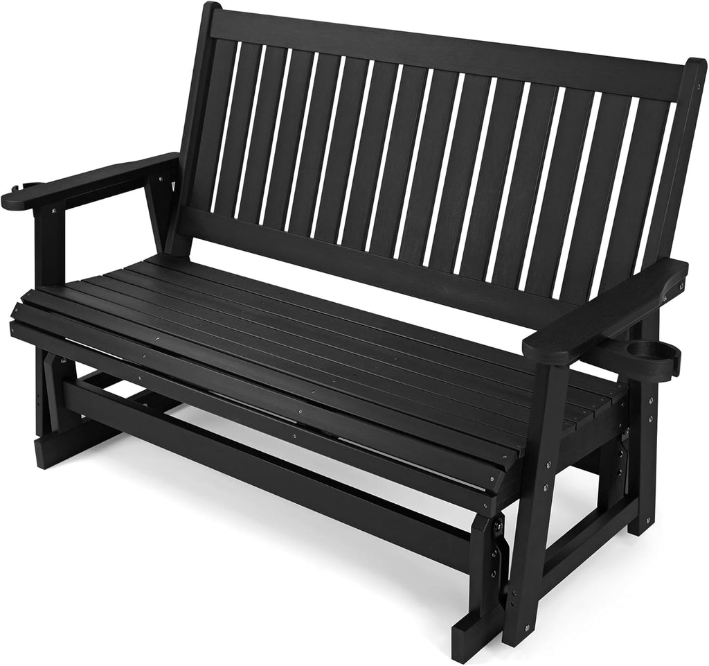 HIPS Patio Glider Two-Seat with Cup Holders, Durable HIPS Material, All-Weather Resistant, High Backrest and Deep Contoured Seat, Heavy Duty 900 LB, for Outdoor, Porch, Patio (Vanta Black)