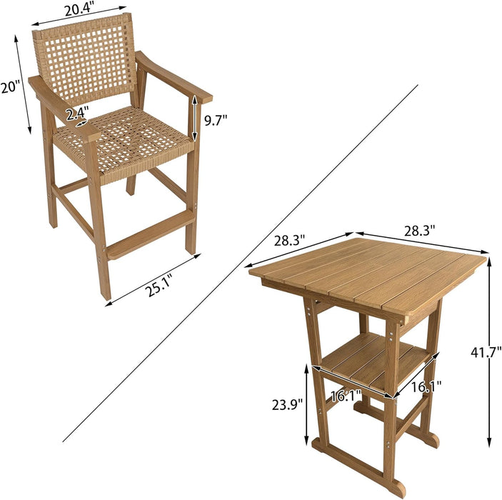 Poly Lumber Patio Bar Set, PE Rattan Outdoor Bar Stools with HIPS Table, Weather Resistant, for Poolside, Garden, Yard, Balcony (Teak Tone, 3 Piece)
