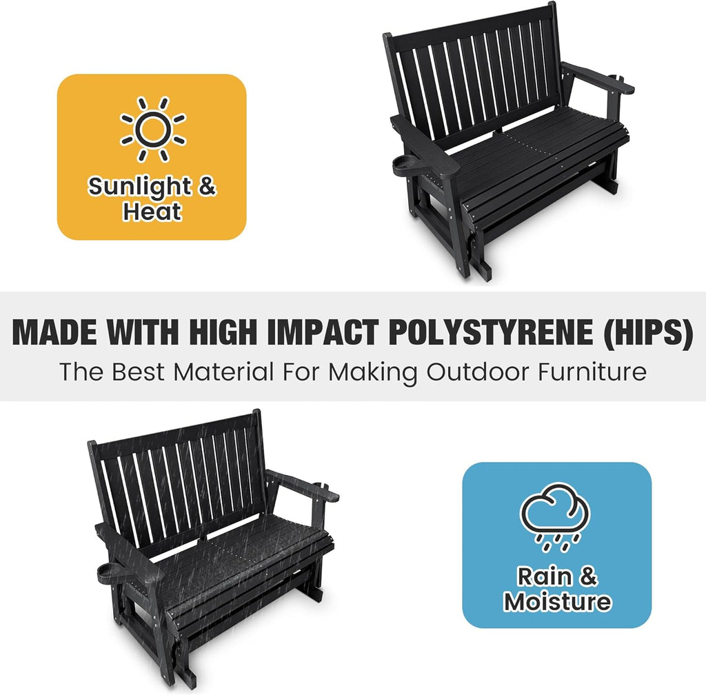 HIPS Patio Glider Two-Seat with Cup Holders, Durable HIPS Material, All-Weather Resistant, High Backrest and Deep Contoured Seat, Heavy Duty 900 LB, for Outdoor, Porch, Patio (Vanta Black)