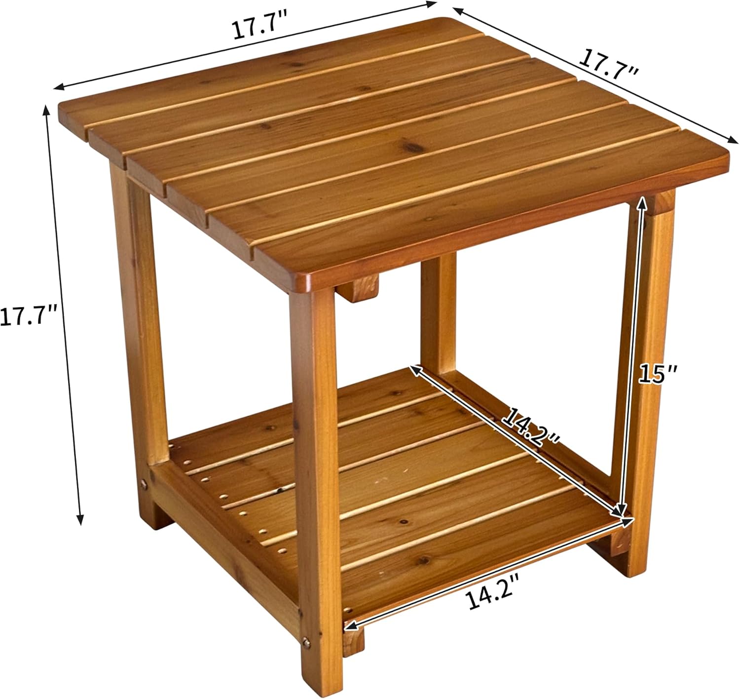 Outdoor Side Table, Solid Fir Wood, 17.7", 2-Tier End Table, Weather Resistant, for Patio, Pool, Porch (Teak Tone)