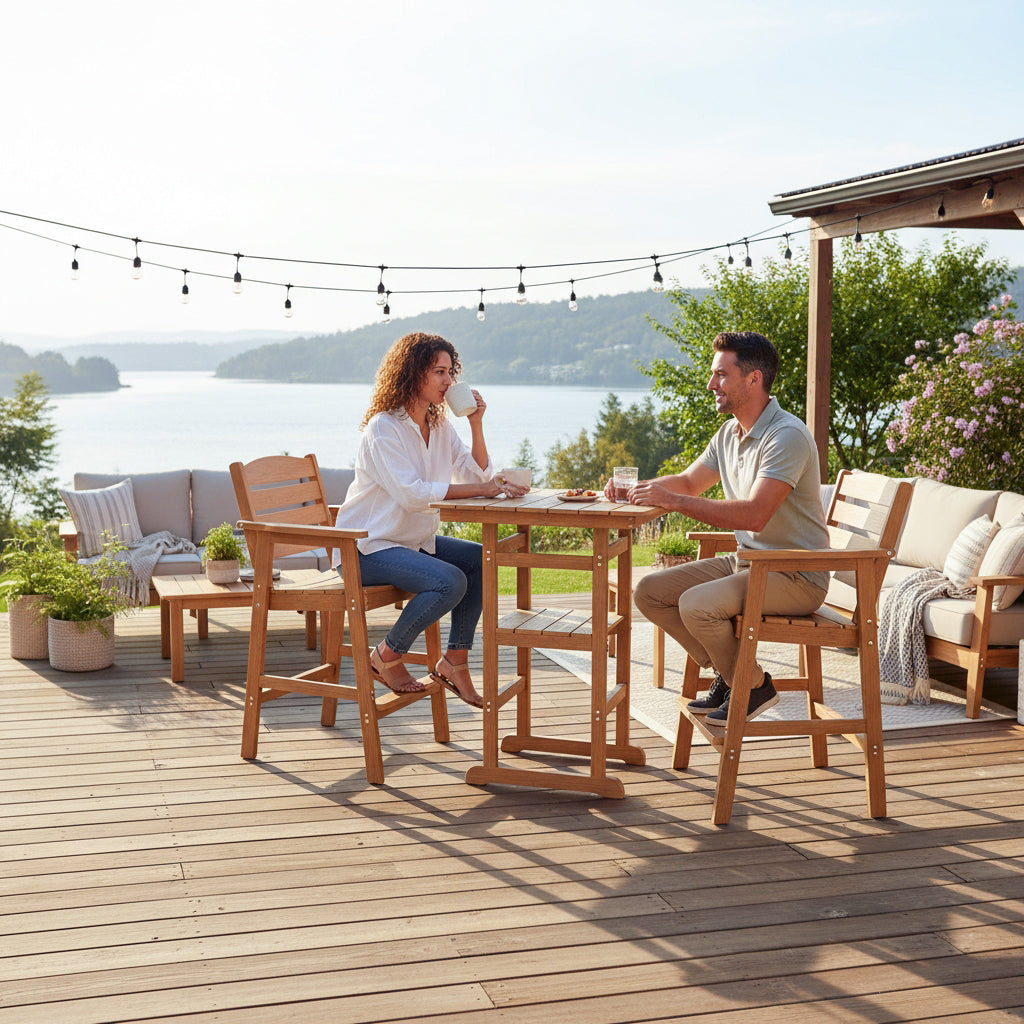 Poly Lumber Patio Bar Set, HIPS Outdoor Bar Stools with Table, Weather Resistant, for Poolside, Garden, Yard, Balcony (Teak Tone, 3 Piece)