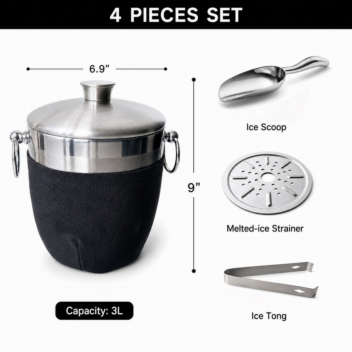 Fortune Candy Insulated Ice Bucket - Double Walled Stainless Steel Ice Bucket with Ice Tongs, Scoop, Lid, and Exclusive Handmade Nylon Holder - 2.8 L (Black)