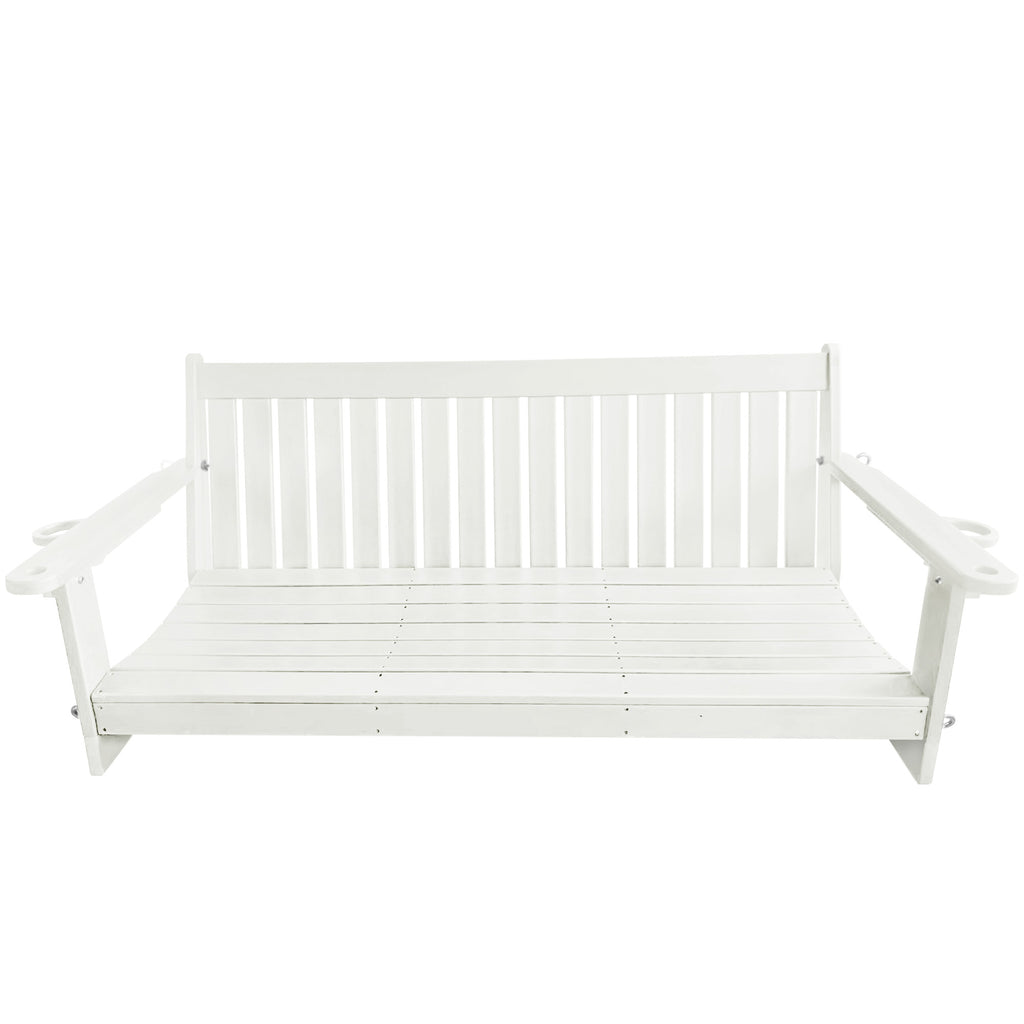 HDPE 3-Seater Porch Swing, 5-Feet Bench Swing with Foldable Cup Holders,18/8 Stainless Steel Hardware, High Backrest and Deep Contoured Seat (White, 5-feet)