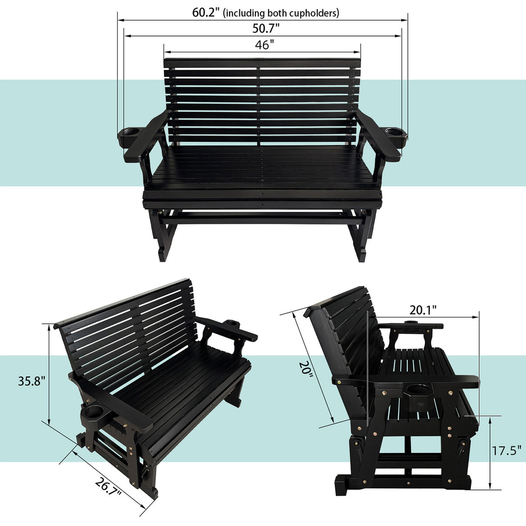Fortune Candy Patio Glider with Cup Holders, High Roll Back and Deep Contoured Seat,Heavy Duty 800 Lb (Black, 2-Seater)