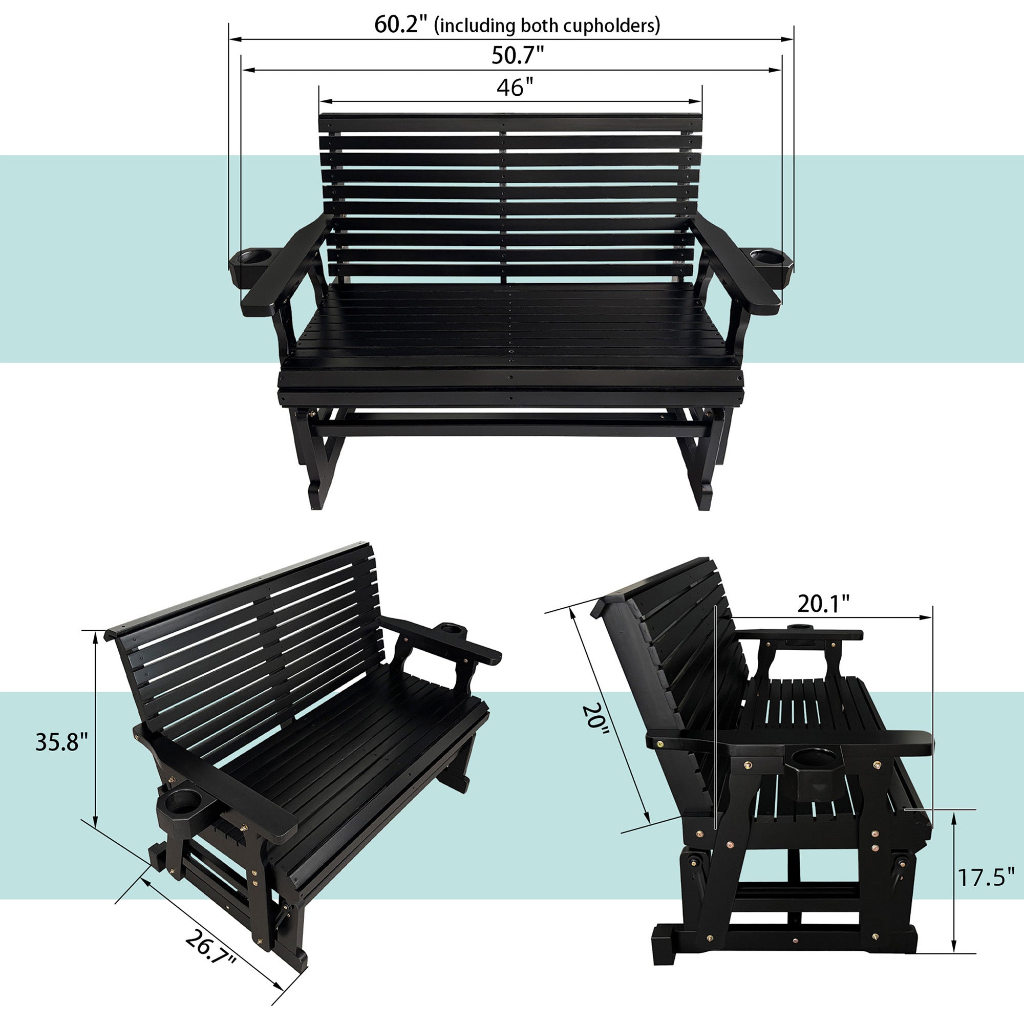 Fortune Candy Patio Glider with Cup Holders, High Roll Back and Deep Contoured Seat,Heavy Duty 800 Lb (Black, 2-Seater)