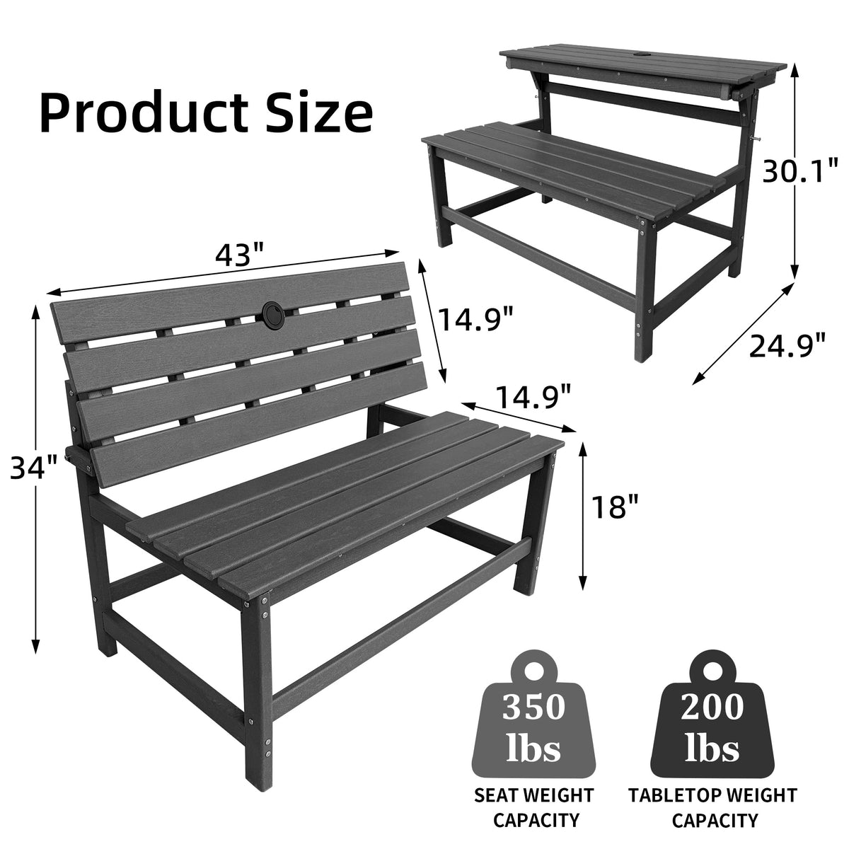 HDPE Convertible Bench Dinning Table with Umbrella Hole for Garden,Patio,Backyard