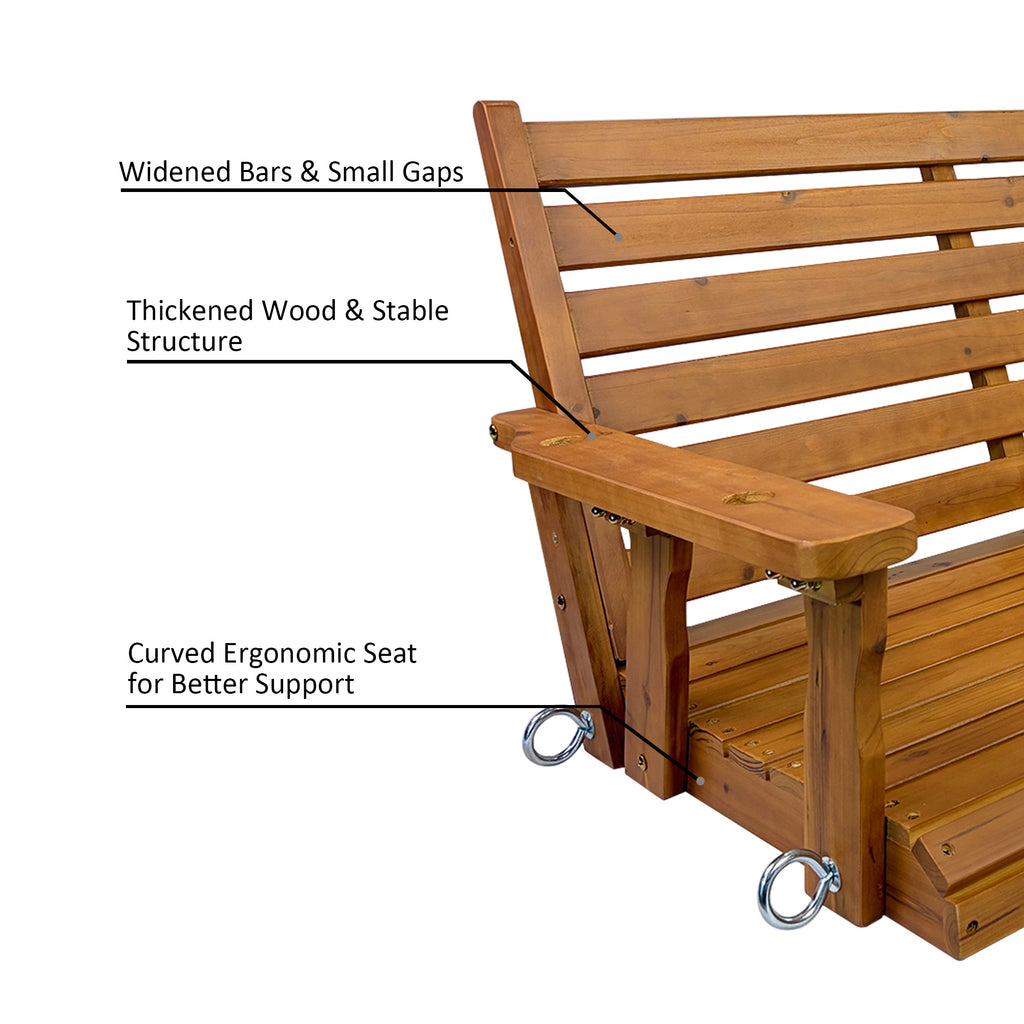 Wooden Porch Swing, Ergonomic Seat, Bench Swing with Hanging Chains and 7mm Springs, Heavy Duty 800 LBS, for Outdoor Patio Garden Yard (Warm Teak Color, 3-Seater Extra Large)