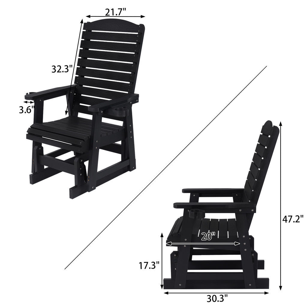 Poly Lumber Patio Glider for One Person, with Cup Holders, High Backrest and Deep Contoured Seat, HIPS Material, All-Weather Resistant, Heavy Duty 700 Pounds (Black)