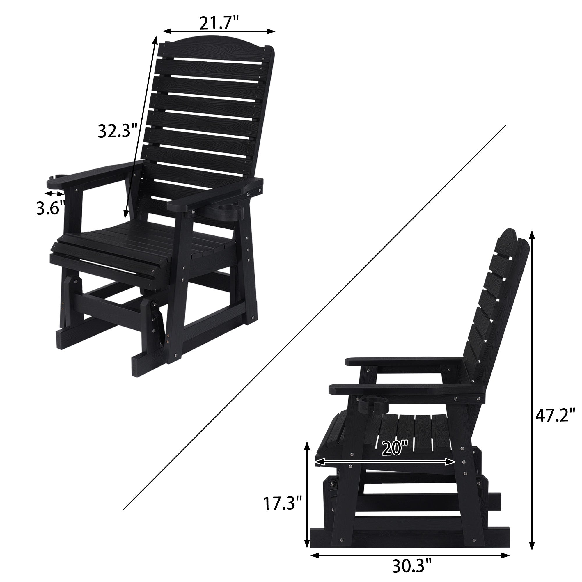 Poly Lumber Patio Glider for One Person, with Cup Holders, High Backrest and Deep Contoured Seat, HIPS Material, All-Weather Resistant, Heavy Duty 700 Pounds (Black)