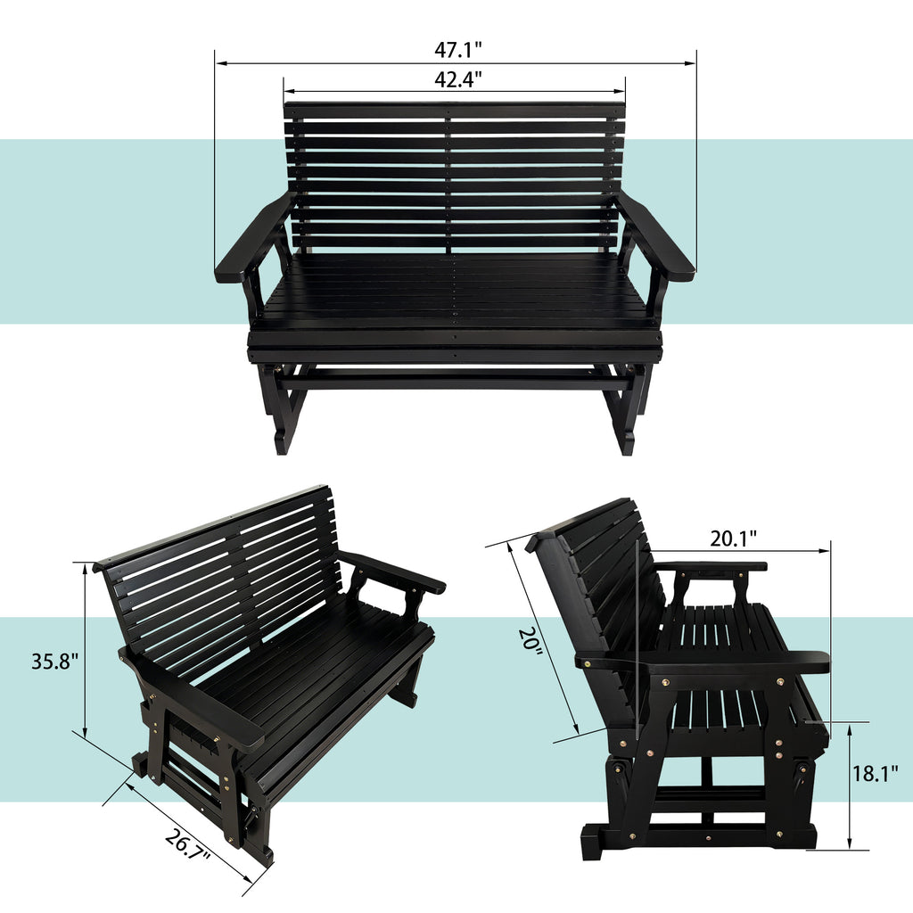 Wooden Patio Glider with High Roll Back and Deep Contoured Seat, Solid Fir Wood, 2-Seater, Heavy Duty 800 LBS, 4 Ft. (Carbon Black)